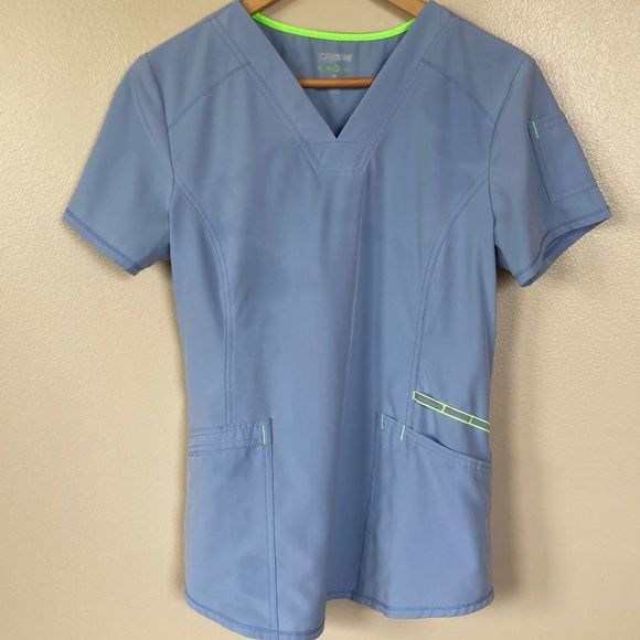 Scrubstar Ethical Fabric Pale Blue & Neon Green Scrubs Top Size S, Pants Size M - Picture 1 of 16